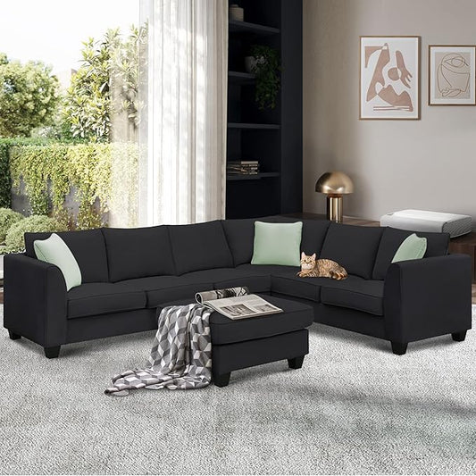 112" Upholstered Sectional Sofa Sets with Removable Ottoman, 7- Seater Modular Corner Couch with 3 Pillows for Livingroom, Office,Black