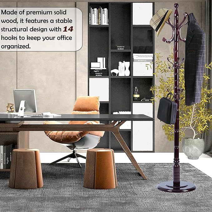 Coat Racks Free Standing with 14 Hooks, Natural Wood Coat Stands for Entryway, Adjustable Height 72 in Tree Coat Rack Stand for Hallway Home Office Bedroom (Mahogany Ruyi)