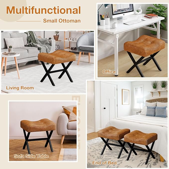 18-Inch Large Leather Vanity Stool, Vanity Chair with Metal X-Leg, Ottoman Foot Stool with Thick Padded Saddle Seat, Brown