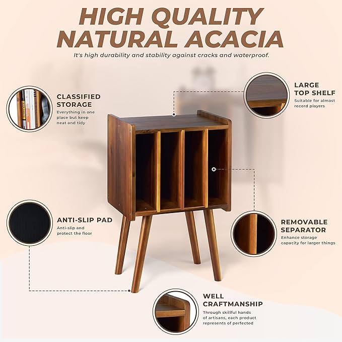 Wooden LP Record Player Stand with 4 Cabinets, Holds up to 100 Vinyls, Metal Record Storage Holder and Organizer Table, Classical Design for Files/Book (Mid-Century Modern)