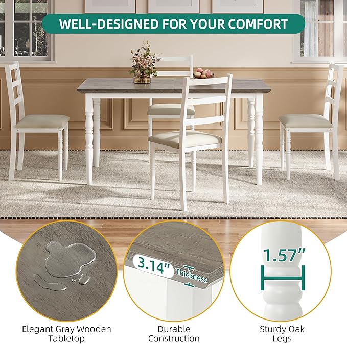 DWVO 5-Piece Dining Table Set for 4, Kitchen Dining Room Table with Upholstered Chairs, Faux Leather Cushions, Modern Rectangular Dinner Table Set for Small Spaces & Apartment, White Grey