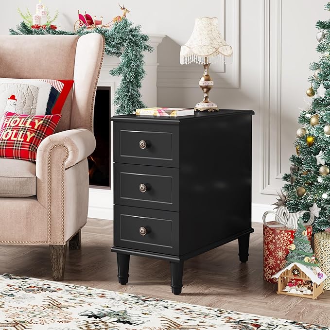 Tribesigns Solid Wood End Table Set of 2, Fully Assembled Narrow Side Table with Drawers, Pre-Assembled Nightstand Slim Bedside Table for Small Spaces, Living Room, Bedroom, Black
