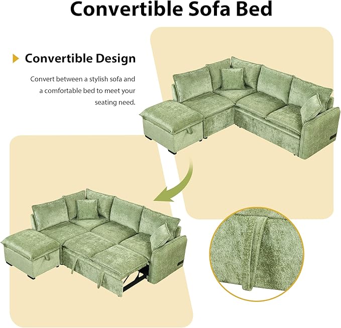 Ball & Cast 82.67" L-Shaped Sectional Pull Out Sofa with Two USB Ports,4-Seater Convertible Couch w/Power Sockets and Movable Storage Ottoman,for Living Room,Apartment,Green