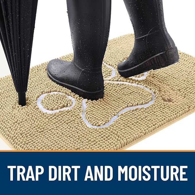 OLANLY Door Mat for Muddy Dog Paws 59x35, Ultra Absorbent Chenille Mud Doormat with Paw Print Design, Non-Slip Washable Doormat for Indoor Entryway, Quick-Dry Pet Bed Mats for Dirty Dogs, Beige