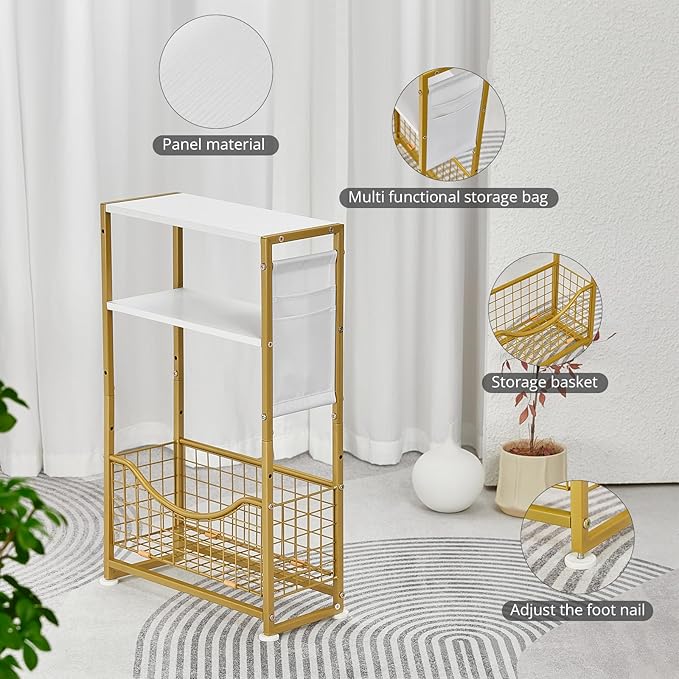 Narrow Side Table, Skinny Small End Tables with Magazine Holder, 3 Tier Small Sofa Side Table for Smalls Spaces, Sofa Couch Tables Bedside Table for Living Room Bedroom Office
