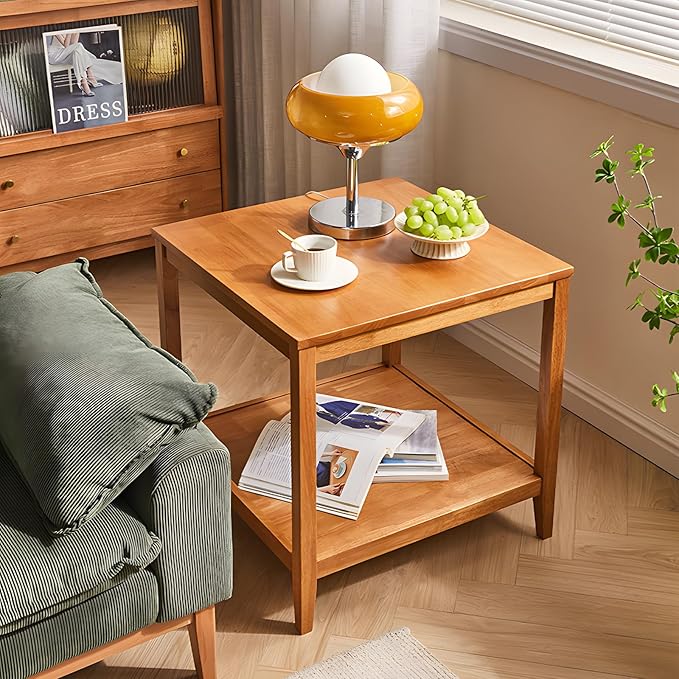 Side Table, Solid Wood Square End Table with Storage Shelf, 2-Tier Coffee Table for Living Room, Rubber Wood Small Sofa Table, Nightstand 23.62 H x 23.62 W x 23.62 D Inches (Natural)