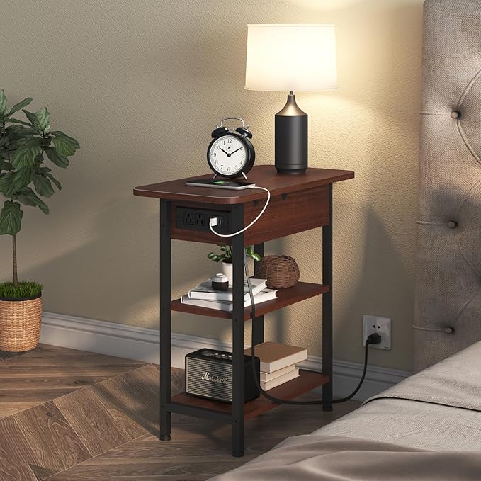 LIDYUK End Table with Charging Station, Flip Top Narrow Side Table for Small Spaces, Nightstands Set of 2 for Bedroom, End Tables Living Room Set of 2 with Storage Shelf, Cherry