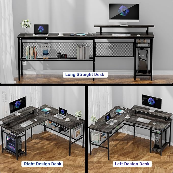 L Shaped Computer Desk with Magic Power Outlets and Smart LED Light, Reversible Office Corner Desk with Ergonomic Monitor Stand, Large Gaming Table with Storage, Sleek Grid Design, Black Oak