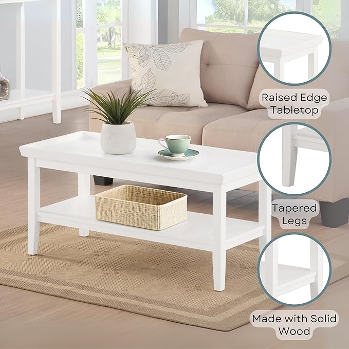 Convenience Concepts Ledgewood Coffee Table 42" - Modern Center Room Accent with Storage Shelf for Transitional, Traditional Living & Family Room, White