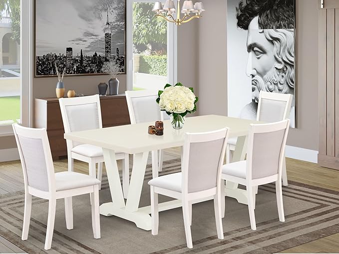 East West Furniture V027MZ001-7 7 Piece Dining Set Consist of a Rectangle Dining Room Table with V-Legs and 6 Cream Linen Fabric Upholstered Parson Chairs, 40x72 Inch, Multi-Color