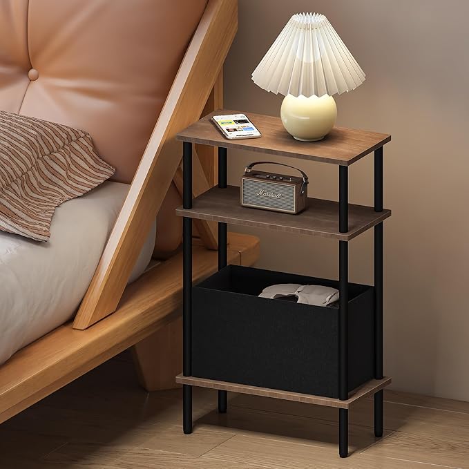 Narrow Side Table with Fabric Basket, Set of 2 End Table for Small Spaces, Slim Nightstand with 3-Tier Storage Shelf, Sofa Beside Table, for Living Room, Bed Room, Natrual Walnut