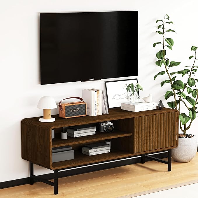 TV Stand,Mid Century Modern Entertainment Center with 2 Open Shelves，Farmhouse TV Media Console Table for Living Room,Bedroom,Television Stand up to 50 Inches,Black Walnut