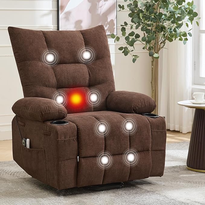 GarveeHome Power Lift Recliner Chair for Elderly with Massage and Heat, Oversized Electric Massage & Heat Recliner with Soft Padded Upholstery, Side Pocket & Cup Holders for Living Room, Brown