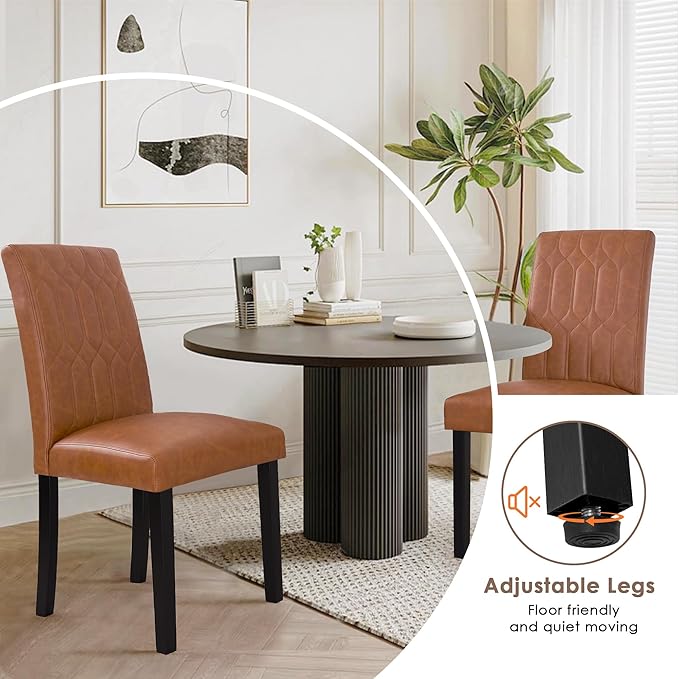 VECELO Upholstered Dining Chairs Set of 4, Modern PU Leather Accent Parsons, Solid Wood Legs w/Rubber Footpads, for Living Room Kitchen, Brown