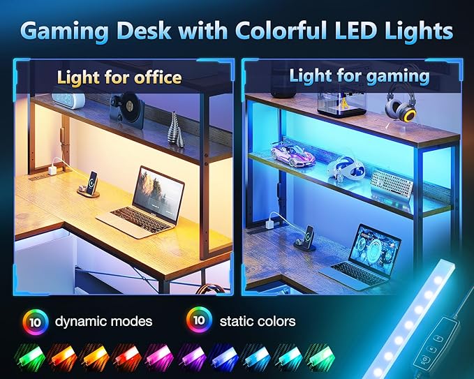Casaottima Gaming Desk with Power Outlets & LED Lights, 53 Inch Reversible L Shaped Computer Desk with Shelves & Storage Bag, Corner Desk for Home Office, Vintage