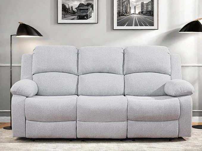 Recliner Sofa Couch, 3-Seater Home Theater Seating Reclining Sofa, Power Reclining Couch with Cup Holders & Drop Down Table for Living Room Furniture Sets, Grey White