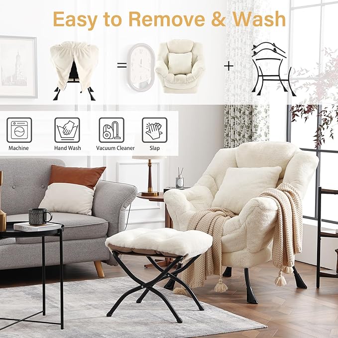 Large Lazy Chair with Ottoman, Accent Reading Chair with a Throw Pillow, Cozy Lounge Chair with Armrest, Leisure Sofa Chair for Living Room, Bedroom, Dorm, Plush Ivory