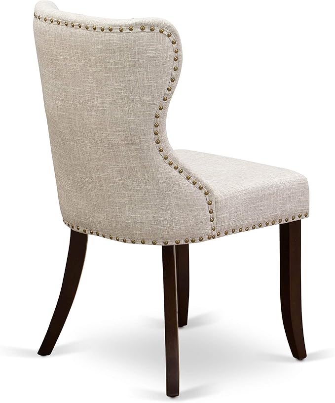 East West Furniture DLSI5-MAH-35 5 Piece Kitchen Table & Chairs Set Includes a Round Dining Room Table with Dropleaf and 4 Doeskin Linen Fabric Parson Dining Chairs, 42x42 Inch, Mahogany