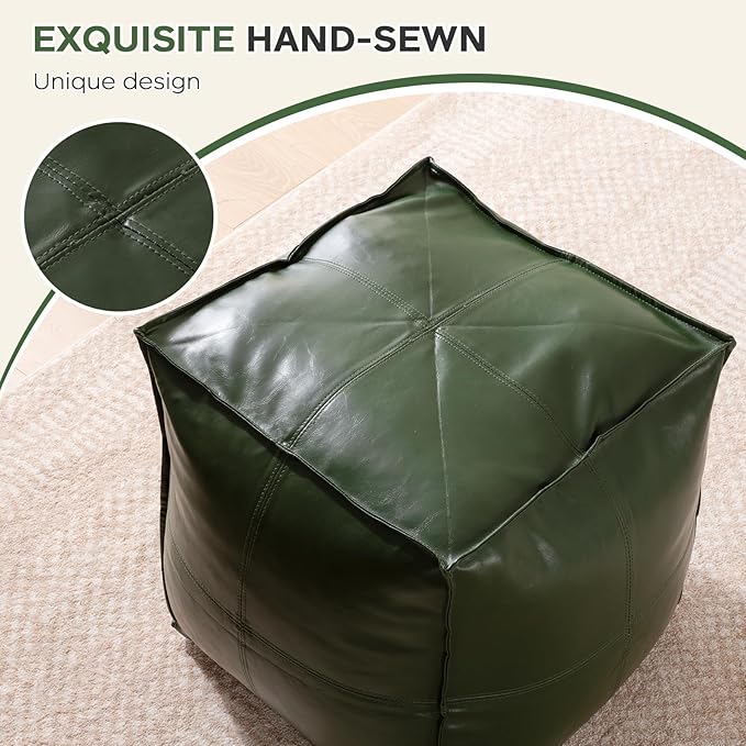 Unstuffed Pouf Cover (Only Cover, No Filler), 17.7" Faux Leather Poofy Ottoman Cover, Square Footstool For Storage Living Room Decoration Foot Rest, Footrest for Bedroom Balcony Office Chair, Green