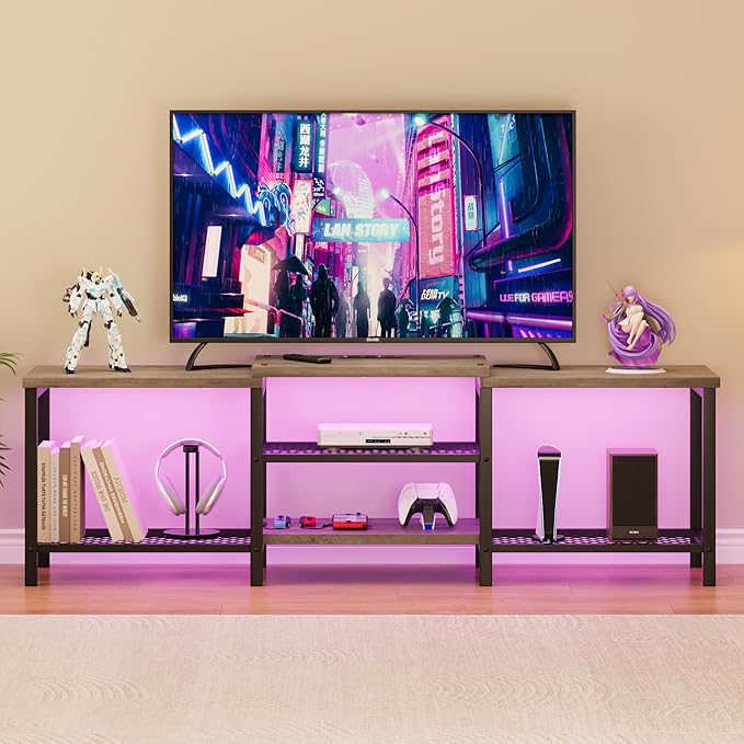 GarveeHome TV Stand with LED Lights for 55/65/75 Inch TV, 67 Inch Large Entertainment Center with Power Outlets, Media Console for Living Room, Bedroom, Grey