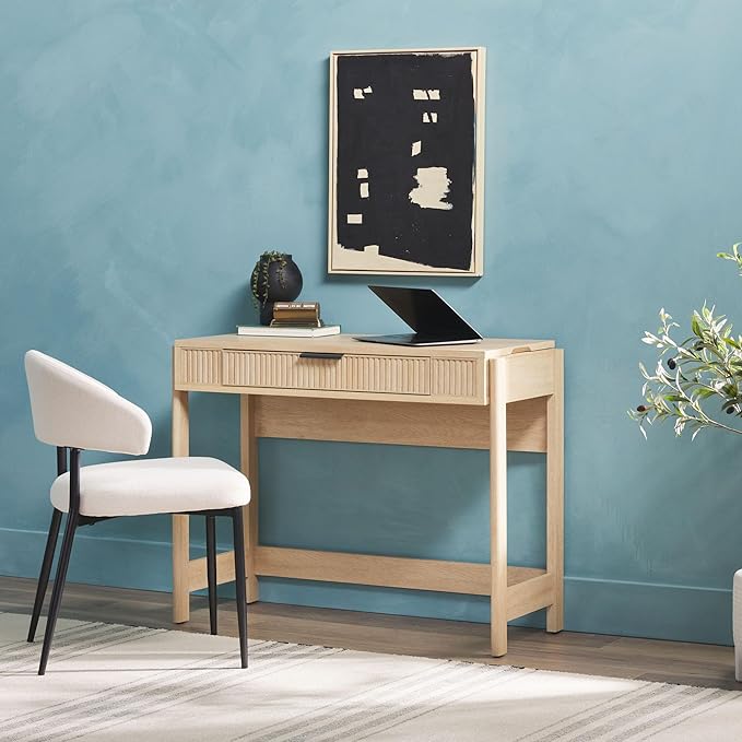 WALKER EDISON Transitional Style Furniture, Reeded Detail, Lift-Top Desk with Drawer and Storage Cubby, Sitting to Standing Desk, Soft Self-Close Desktop, 38”W x 16.75”D x 30”H, Coastal Oak