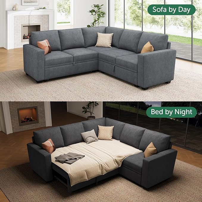 HONBAY Modular Sectional Sleeper Sofa with Pull Out Bed, Chenille L Shaped Couch with Storage Seats, Convertible Sectional Couches for Living Room, Bluish Grey