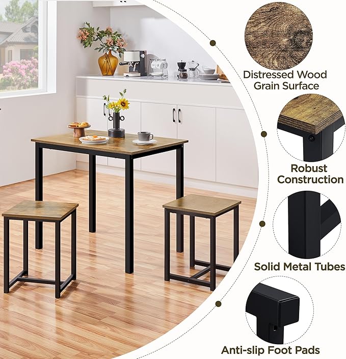 Yaheetech Industrial Dining Kitchen Table Set for 2 Breakfast Nook Table w/ 2 Stools for Dining Room Kitchen Small Space, Rustic Brown