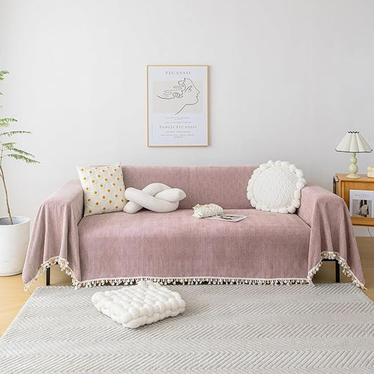HANDONTIME Boho Chenille Sofa Cover for 3 Cushion Couch - Pink-Purple Tassel Throw for Dogs, Mauve, 91" X 118"