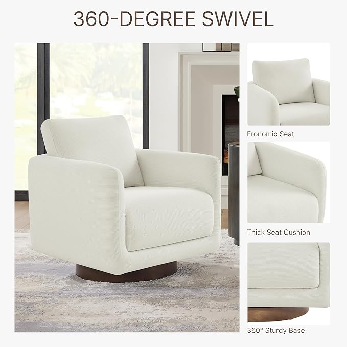 Modern Swivel Accent Chair, 360° Rotating Round Barrel Armchair with Performance Fabric Upholstery for Living Room, Bedroom, Office, Reading Nook, Single,Cream