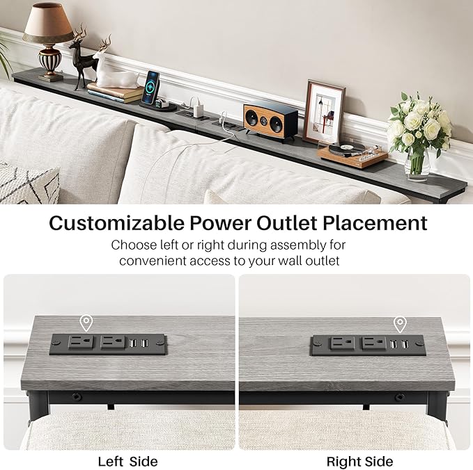 Kitstorack 2-Pack Dark Gray Long Sofa Table Behind Couch, Adjustable Height (25"-33") & 2 Power Outlets, Narrow Console Table, 5.9" D x 79" L, Thin, Split Design for Separate Use