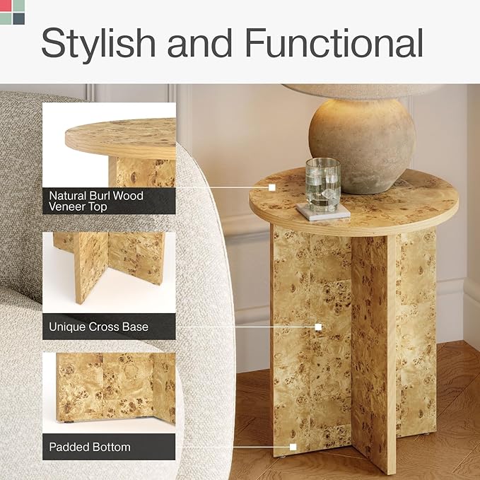 Round Natural Burl End Table for Living Room - 16" Round x 19.2" H - Lacquered Natural Finish & Solid Cross Base - Burled Side Table with Padded Feet - Versatile Nightstand