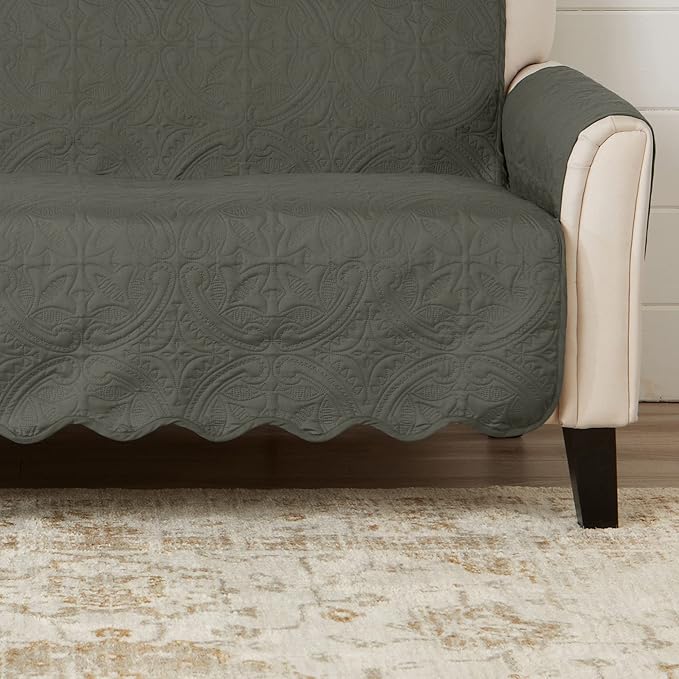 Great Bay Home Medallion Stitched Solid Furniture Protector Stain Resistant Durable Furniture Protector Elenor Collection (Sofa, Sage Green/Light Gray)