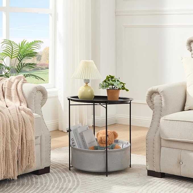 VECELO Round Side/End Table with Fabric Storage Basket，Metal Anti-Rust and Waterproof Small Bedside Nightstand with Removable Tray Top for Living Room，Balcony & Laundry，Black /2pcs with Basket