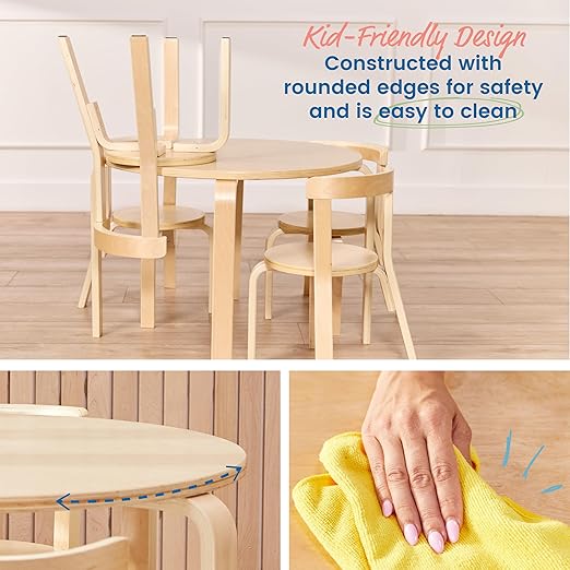 ECR4Kids Bentwood Table and Curved Back Chair Set, Kids Furniture, Natural, 5-Piece