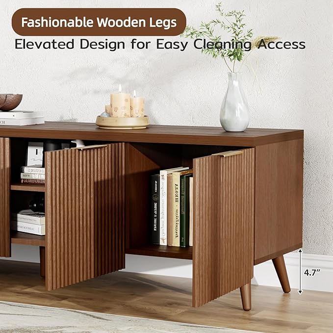 TV Stand for Up to 60" TVs, Modern Entertainment Center with 4 Cylindrical Stripe Doors, Media Console Table with Solid Wooden Legs, Modern TV Stand for Living Room, Bedroom, Walnut