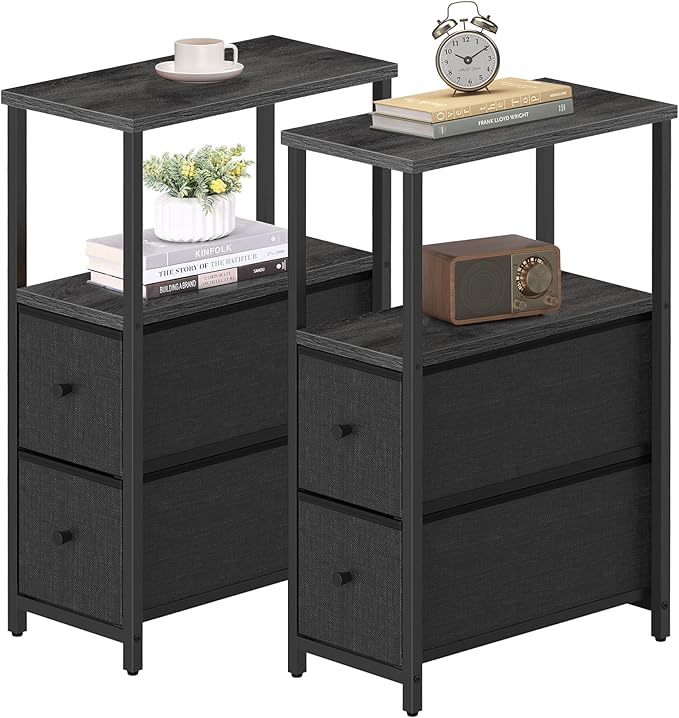 TUTOTAK Small Narrow End Table, Set of 2, Side Table, Nightstand with 2 Cloth Drawers, Couch Table, for Living Room, Bedroom, Bedside, Charcoal Grey TB01BY054