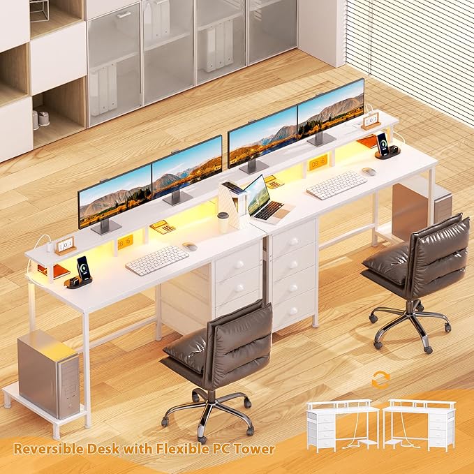 Furologee 47" White Computer Desk with 4 Fabric Drawers & Monitor Stand, Gaming Desk with Power Outlets - LED Lights, Home Office Space-Saving Study Table for Bedroom Small Spaces