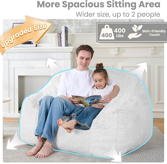 Bean Bag Chairs for Adults, Giant Beanbag Sofa Comfy Reading Chair, Oversized Bean Bag Chairs for Living Room Bedroom, Soft Faux Fur Fabric, 3.2FT, Light Grey, Plush