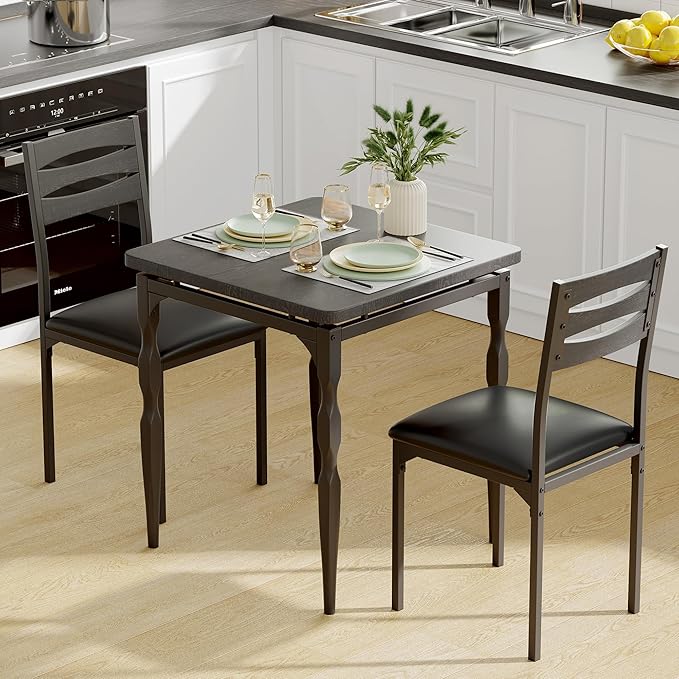 GarveeHome Dining Table Set for 2, Dining Table and Chairs Set of 2, 3 Piece Dining Table Set with Spiral Table Legs for Small Spaces, Kitchen, Apartment, Black