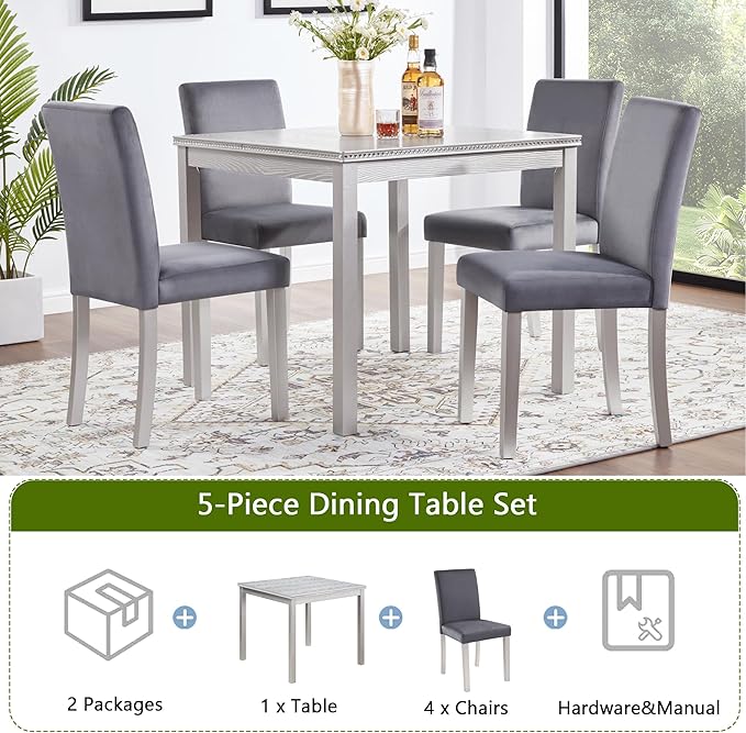 KEIKI 5-Piece Standard Height Dining Table Set with Square Table and 4 Upholstered Chair, for 4 Person, Classic Crystal Decoration Wood Table Set, Easy Assembly, for Kitchen, Dining Room, Silver Grey