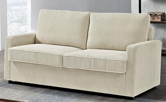 Reversible Sleeper Sofa Bed with Comfortable Memory Foam Mattress, Convertible Corduroy Full Size Pull Out Couch for Living Room, Space Saving Furniture, 70" Wide, Rectangular Arms, Ivory
