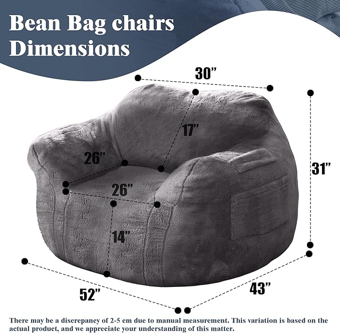 Large Bean Bag Chairs for Adults - Oversized Memory Foam Filled Bean Bag Sofa | Fluffy Adult Bean Bag Chair, Big Bean Bag Chairs for Living Room, Bedroom & Dorm - Dark Gray