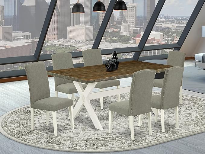 East West Furniture X077EN206-7 7 Piece Modern Dining Table Set Consist of a Rectangle Wooden Table with X-Legs and 6 Dark Shitake Linen Fabric Upholstered Chairs, 40x72 Inch, Multi-Color