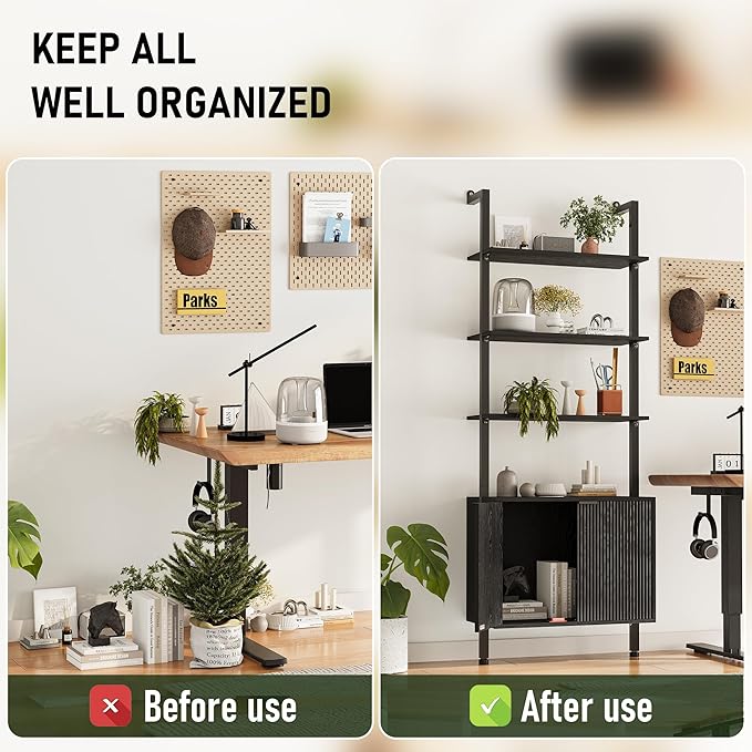 74" Tall Bookshelf with Storage Cabinet, Modern Ladder Shelf with Wood and Metal Frame, Wall Mount Bookcase Open Display Shelf Furniture for Living Room, Bedroom, Home Office，Black