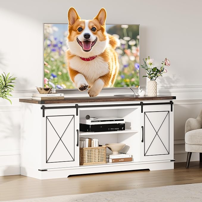 CABIHOME Farmhouse TV Stand and Entertainment Center for TV Up to 65 Inches with Sliding Barn Doors, TV Media Storage Console Table and Furniture for Living Room, Bedroom, White & Brown