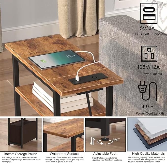 Narrow Side Table with Charging Station Set of 2, Small End Table for Small Spaces, Skinny Nightstands Set 2 with Storage Basket,Sofa Bedside Tables for Living Room,Bedroom, Rustic Brown