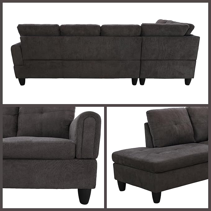 L Shaped Couch Sectional Couches with Chaise, Fluffy Fabric 3 Pieces Modular Convertible Sofa for Living Room Furniture Sets and Small Apartment, Dark Brown