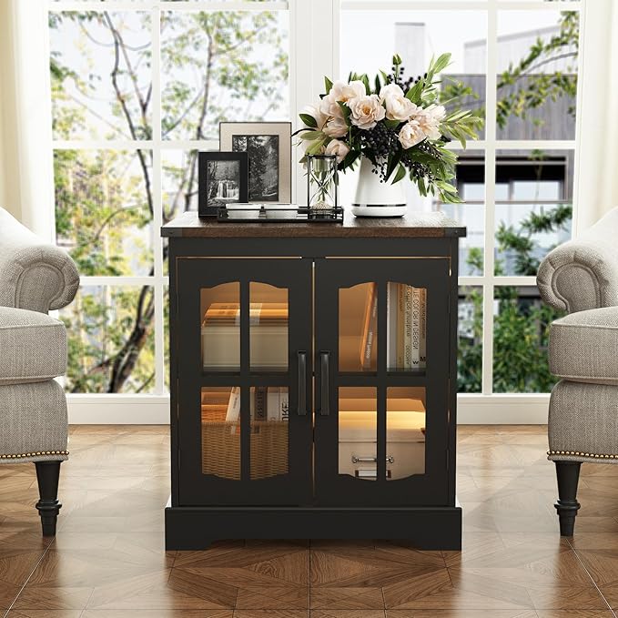 ChooChoo Farmhouse End Table Set of 2, 24" Large Sofa Side Table with Charging Station & LED Light, Black Nightstand with Adjustable Storage Shelf, Square Bedside Table for Living Room