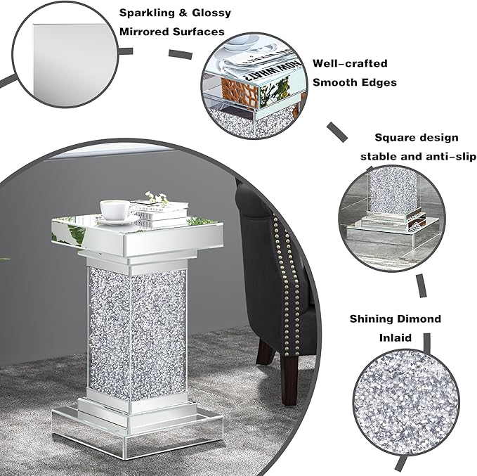 ENENE Mirrored End Table Crushed Diamond Coffee Table for Living Room Small Spaces Side Table for Bedroom Office Hallway Entryway
