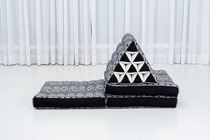 Leewadee - Comfortable Japanese Floor Mattress - Thai Floor Bed with Triangle Cushion - Futon Mattress - Thai Massage Mat, 67 x 21 inches, Black White, Kapok Filling